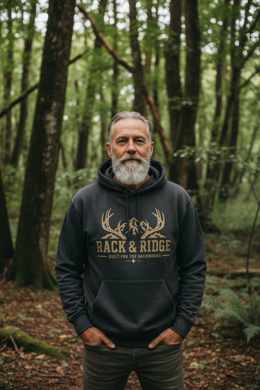 Rack & Ridge Outdoor Hoodie with hunting antler logo