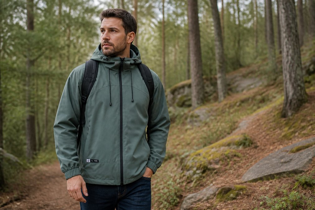 Outdoor enthusiast wearing practical outdoor apparel on a rugged mountain trail
