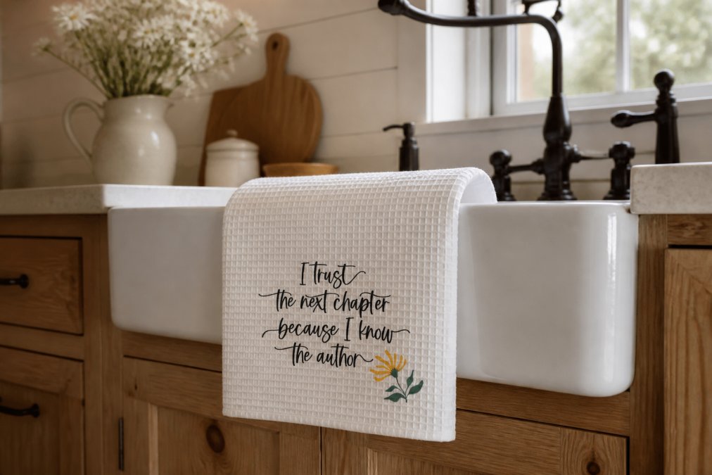 A family gathered around a farmhouse kitchen table for a faith-centered moment