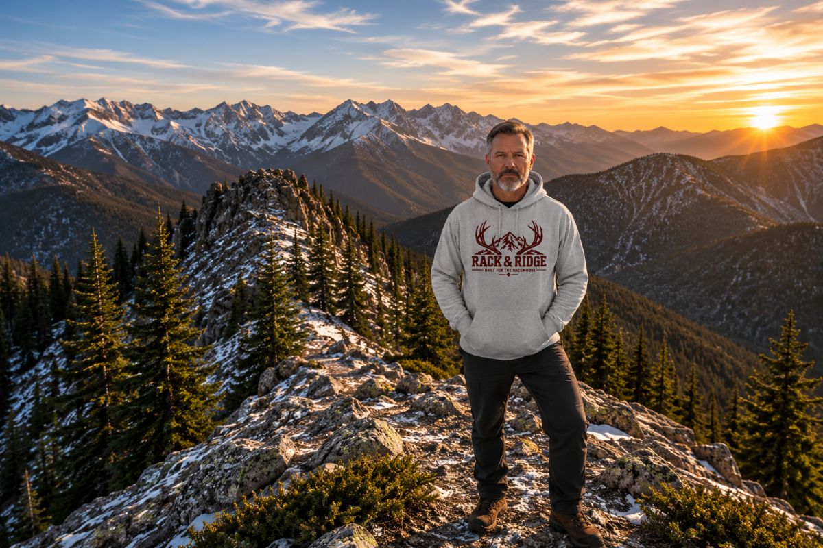 Chase the Rut Gray Hoodie - Front on Mountain