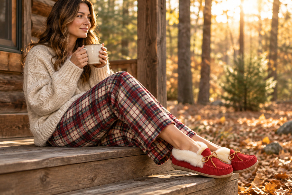 Red moccasin slipper with white fur lining 