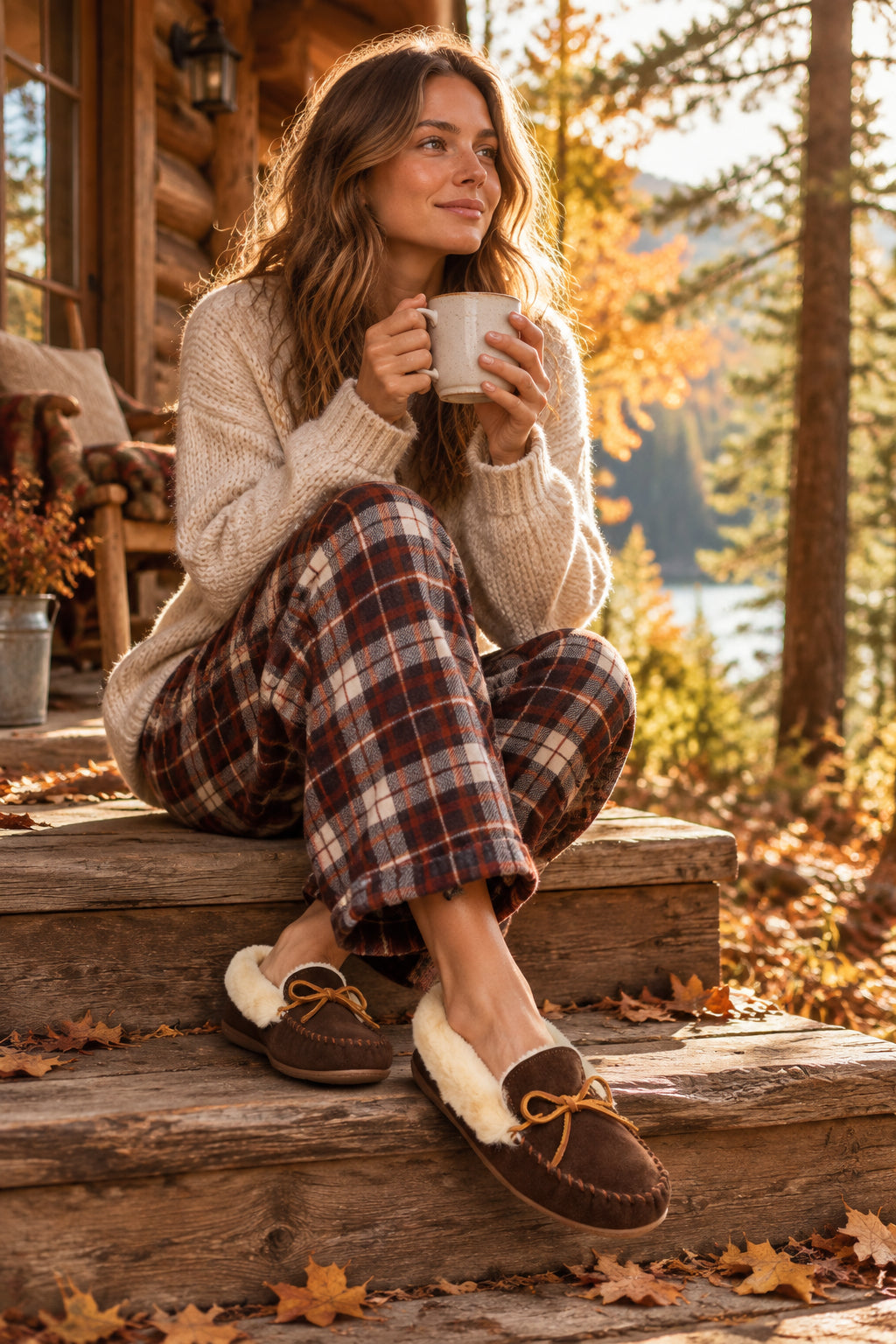 Brown moccasin slipper with white fur lining 