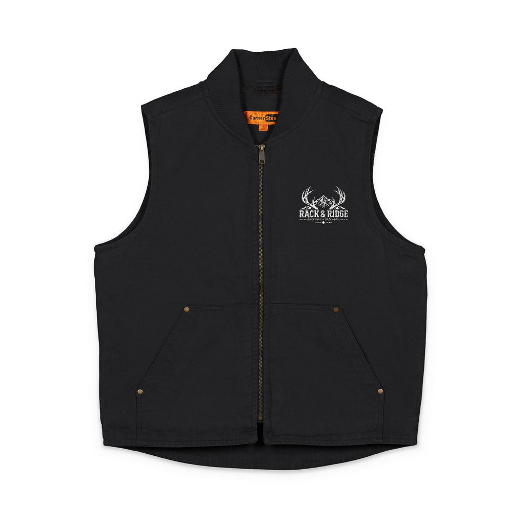 Embroidered Black Duck Cloth Work Vest — Yellow Floral Chest Design