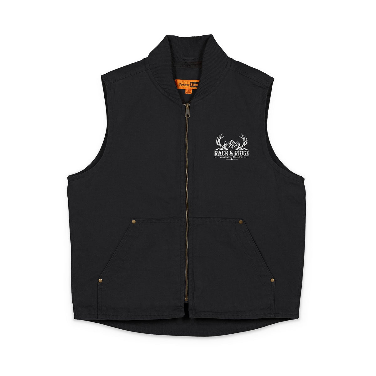 Embroidered Black Duck Cloth Work Vest — Yellow Floral Chest Design