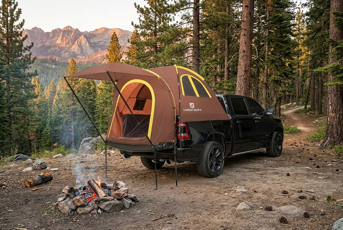 Brown and yellow truck tent attached to a black pickup truck with a carrying case below.