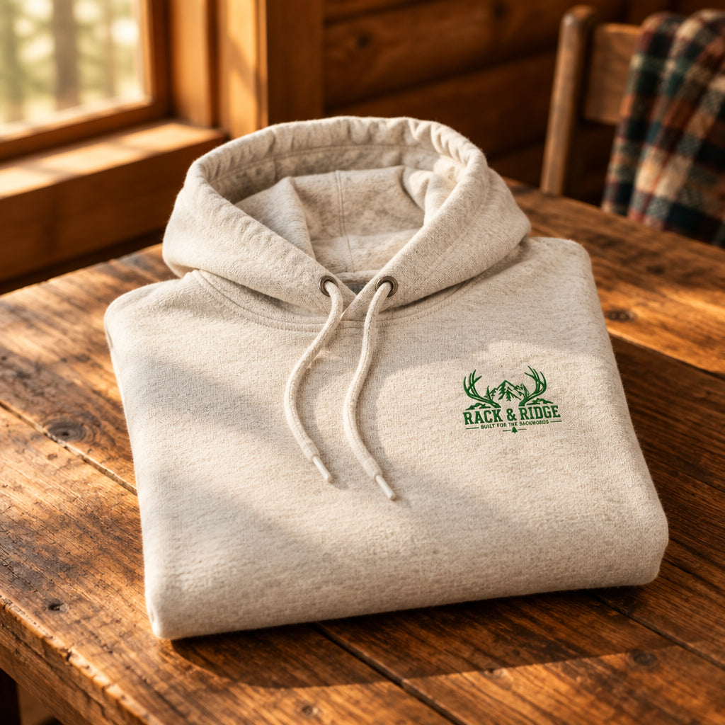 A oatmeal pullover hoodie with a green logo