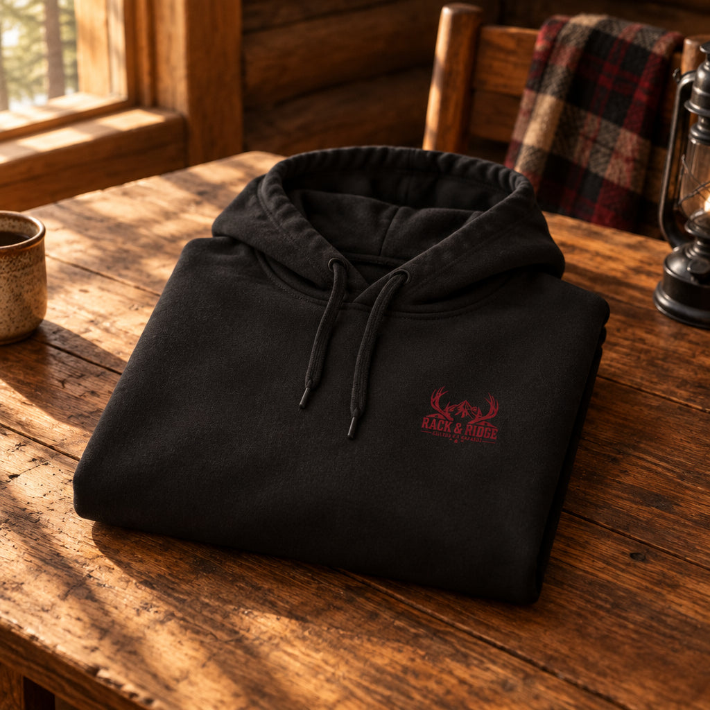 Black hoodie with red text on a white background