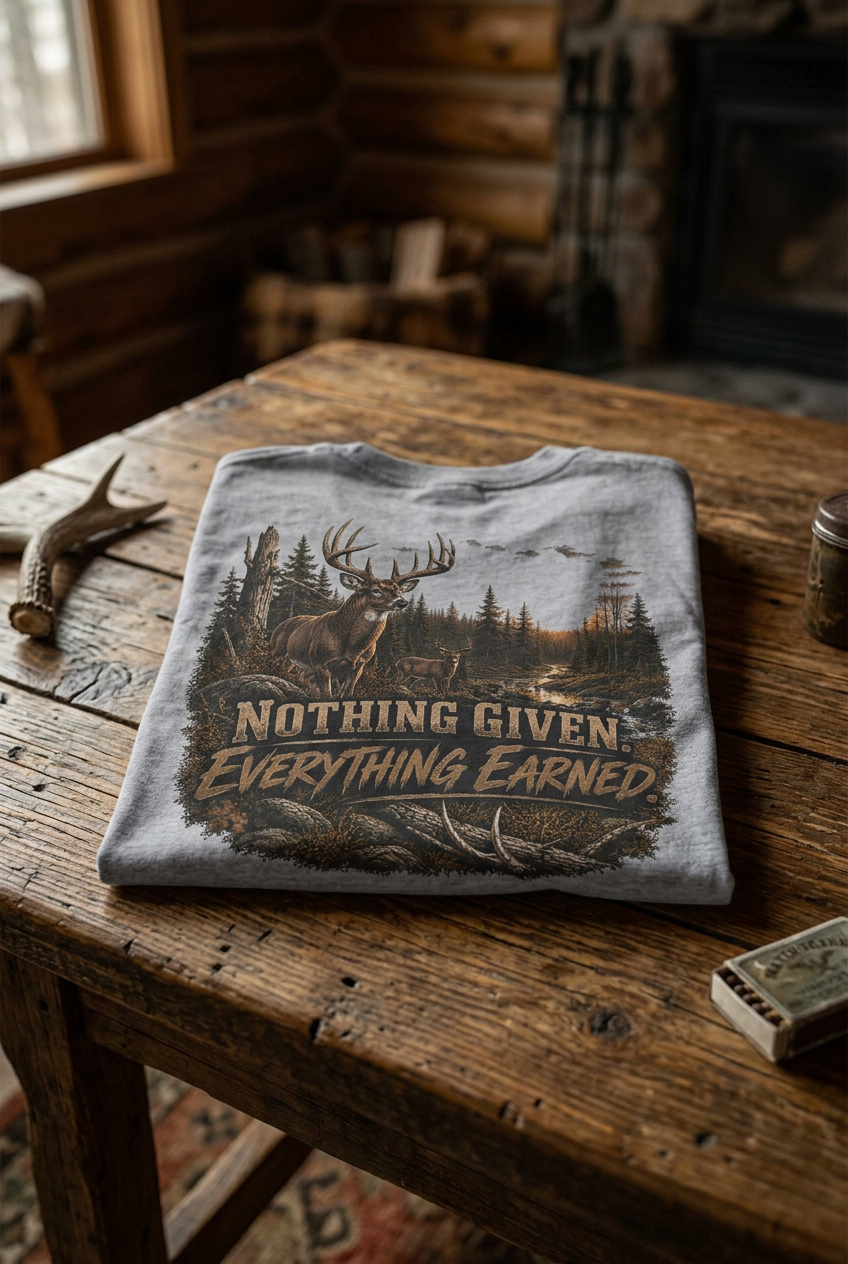 A light gray heather crewneck t-shirt with a large graphic print on the front. The graphic features a deer in a forest with the text 'NOTHING GIVEN EVERYTHING EARNED' in a rustic font.