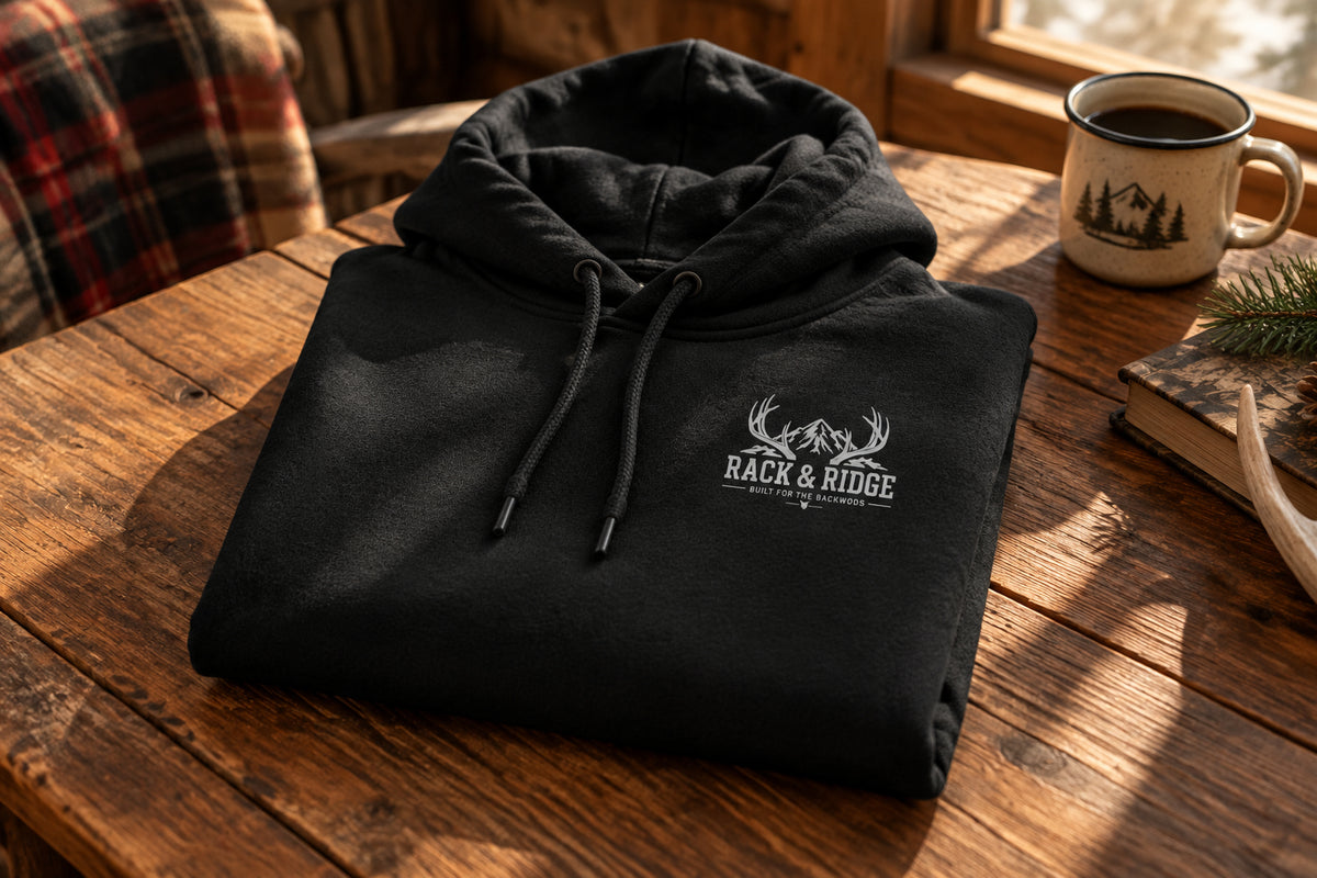 Black hoodie with a small logo on the chest 