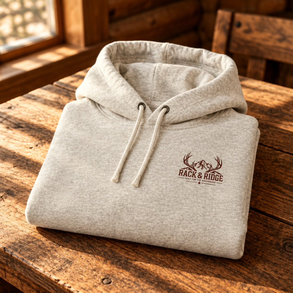 An oatmeal heather gray pullover hoodie with a small brown chest graphic featuring antlers and the text 'MCKINNEY HUNTER' on the left chest, displayed on a solid white background.