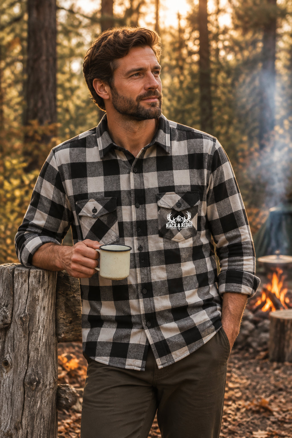 A long-sleeve button-up flannel shirt in a black and white buffalo check pattern, featuring two chest pockets with diamond-patterned flaps and a white 'Kings of NY' graphic on the left chest.