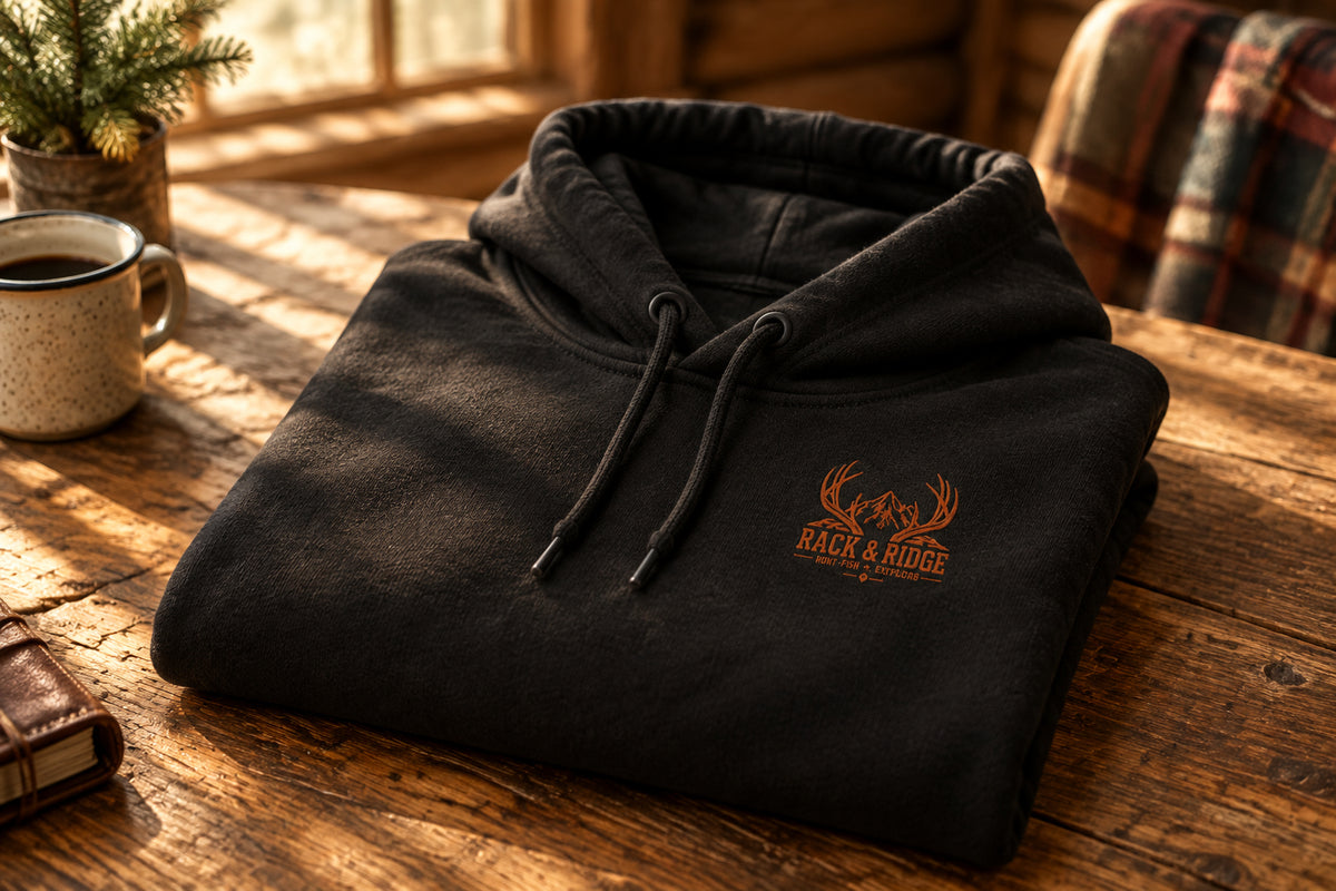 Black hoodie with a small logo on the chest 