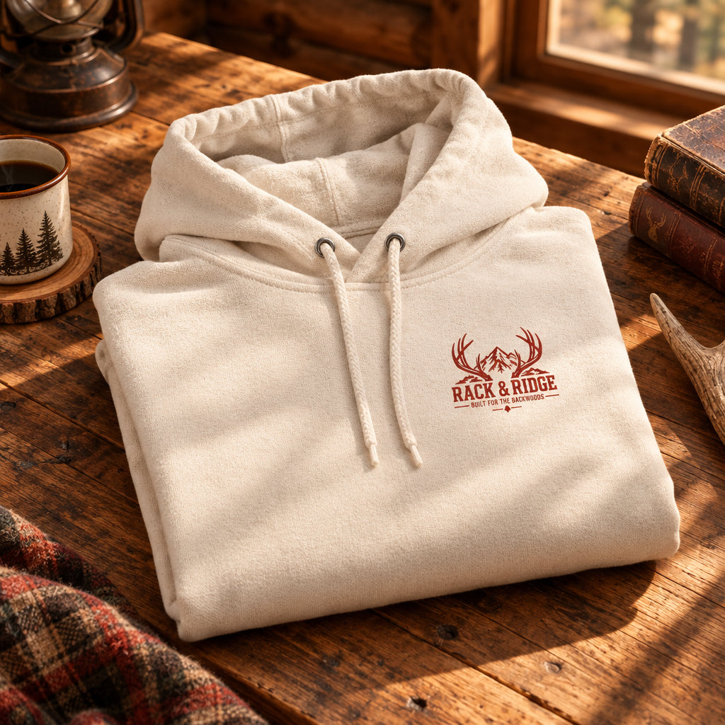 A light pink pullover hoodie with a small rustic brown chest graphic 