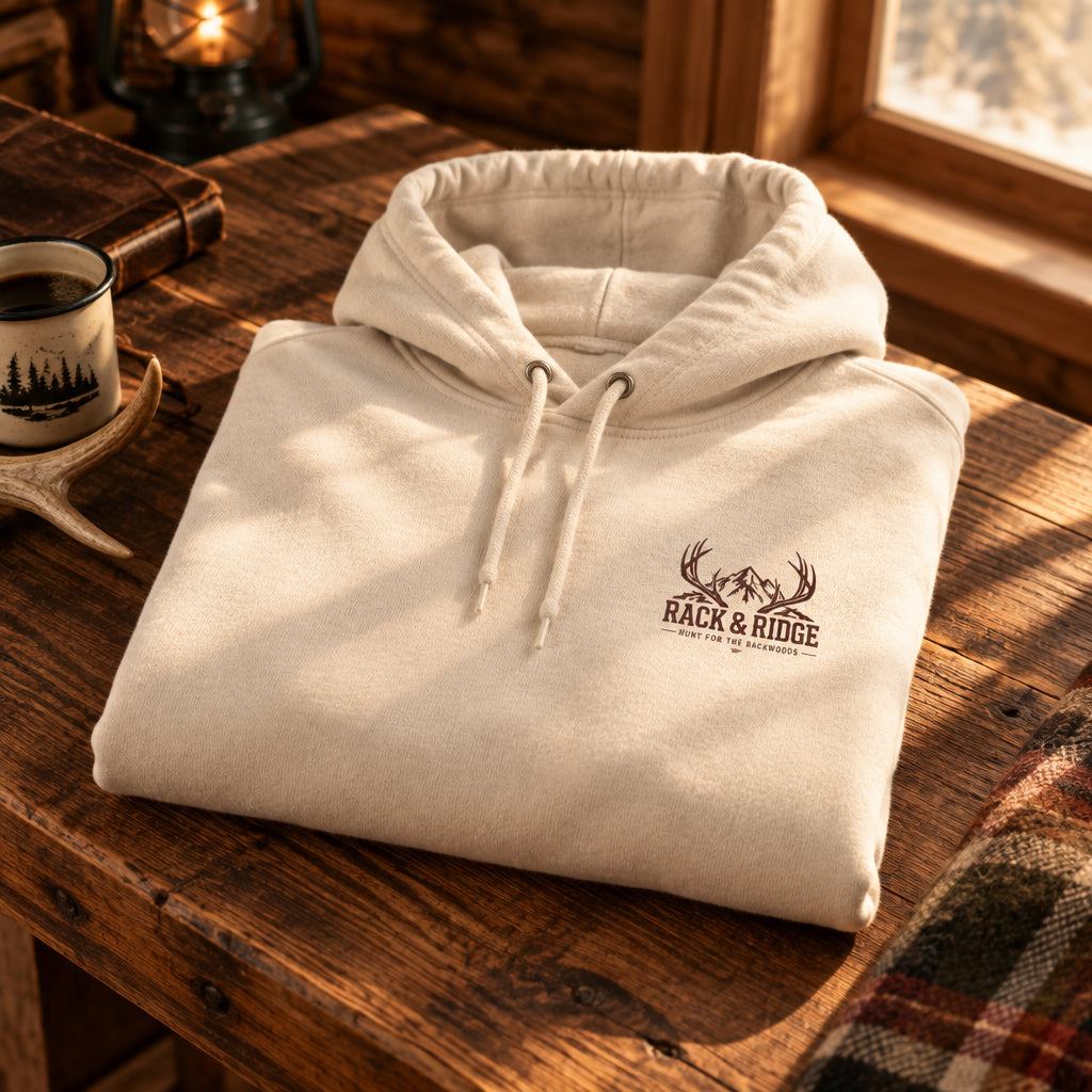 A pale pink pullover hoodie with a small circular graphic printed on the left chest, displayed on a clean white background.