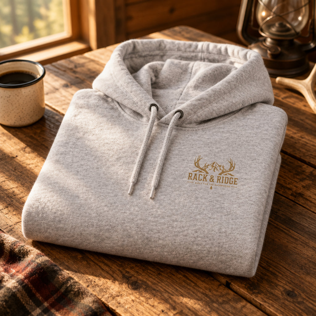 A light heather gray pullover hoodie with a small tan/gold logo printed on the left chest