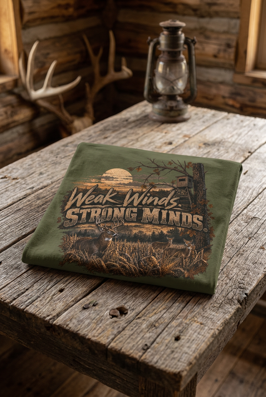 An olive green short-sleeve t-shirt with a rustic hunting graphic on the front. The graphic features a sunset, a tree with a hunting blind, and the text 'Weak Winds STRONG MINDS' in a distressed font, set against a plain white background.