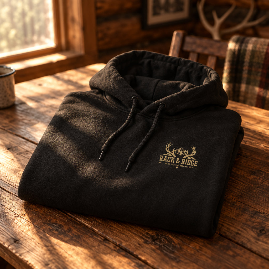Black hoodie with a small logo on the chest 