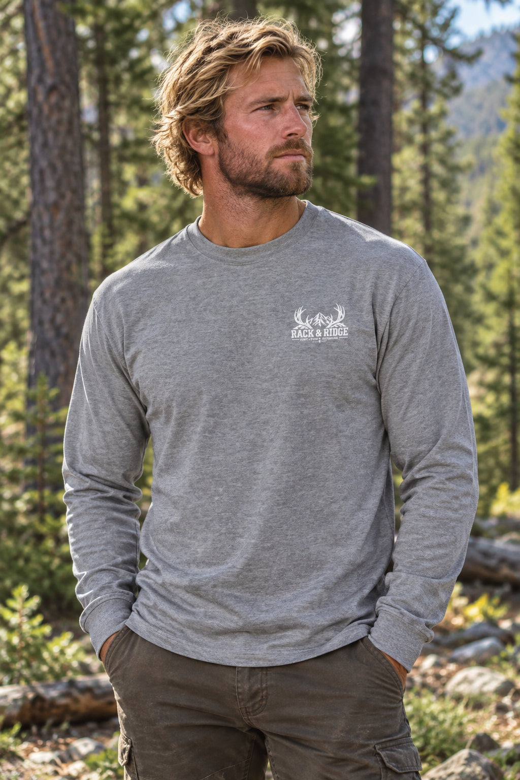 Rack & Ridge Signature Antler Logo Long Sleeve — Outdoor Lifestyle Crew Shirt