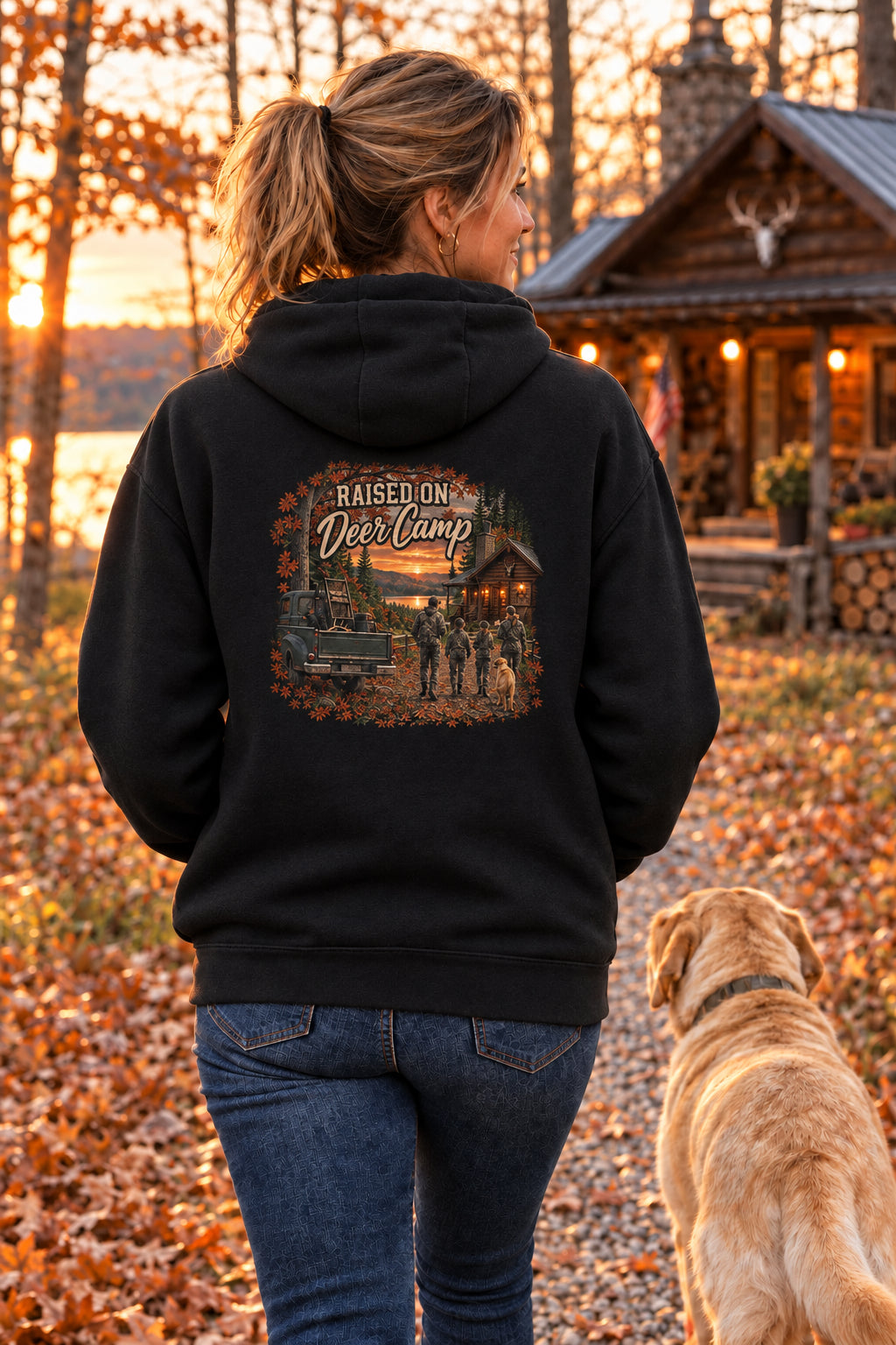 A dark charcoal gray hoodie shown from the back, featuring a large graphic print of a rustic cabin, a vintage pickup truck, three people, and a dog under an autumn leaf canopy with the text 'Raspberry Creek Deer Camp'.