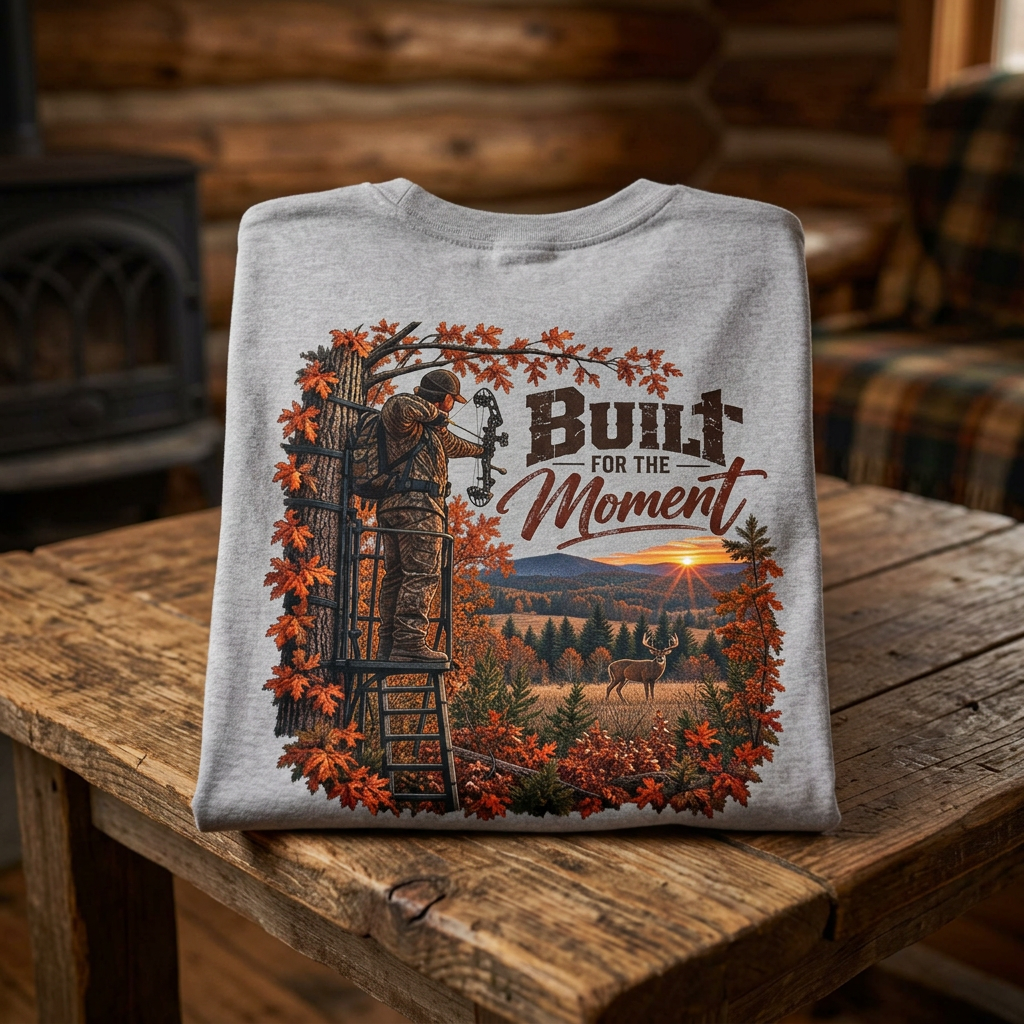 A light gray heather crewneck t-shirt shown from the back, featuring a large graphic print with a hunting scene framed by autumn leaves and the text 'Built for the Moment'.