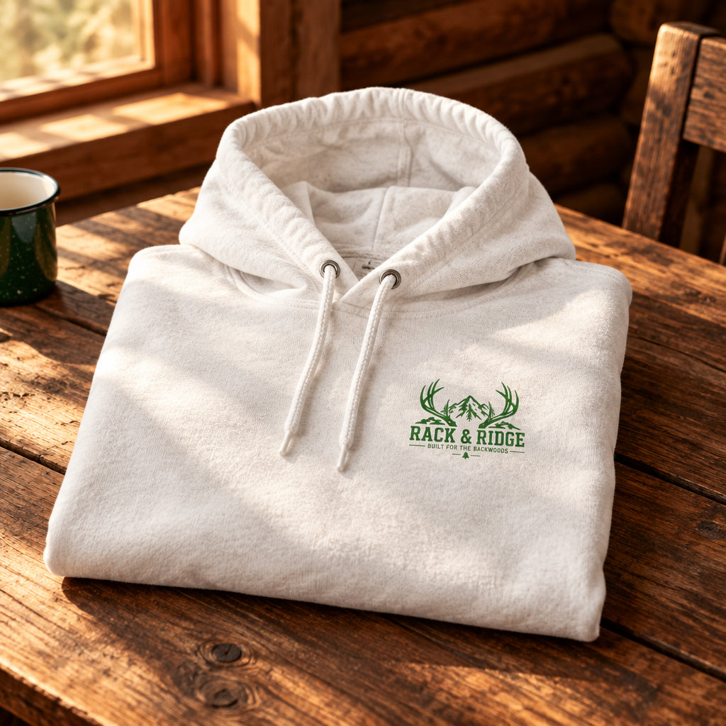 A white pullover hoodie with a green logo
