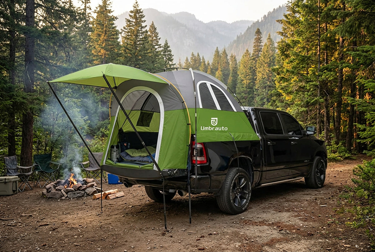 Green truck bed tent with carrying bag on a white background