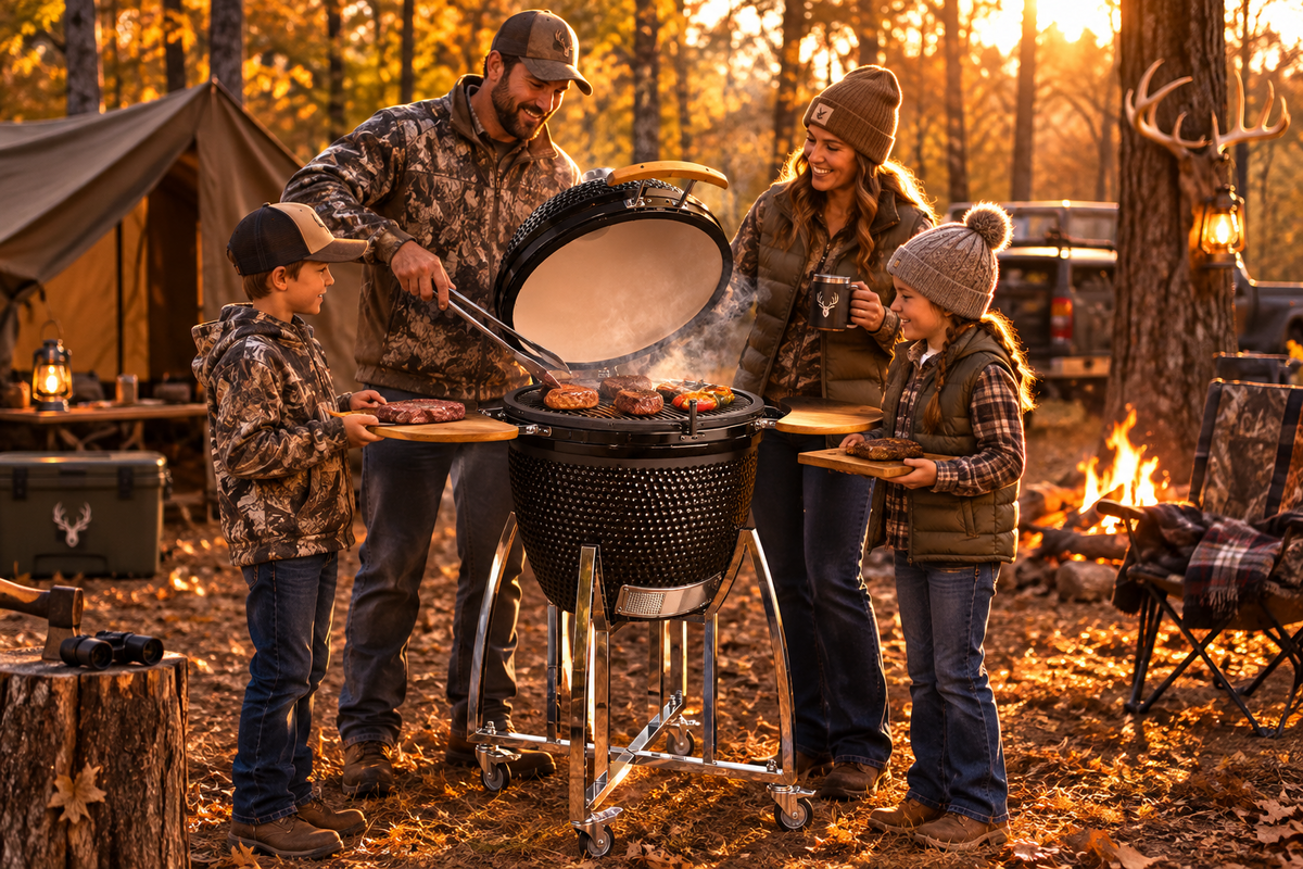 A ceramic kamado-style grill on a wheeled metal stand, shown with the lid open and side tables extended. The grill body is black textured ceramic, the stand is polished silver metal, and the side tables have light wood tops.