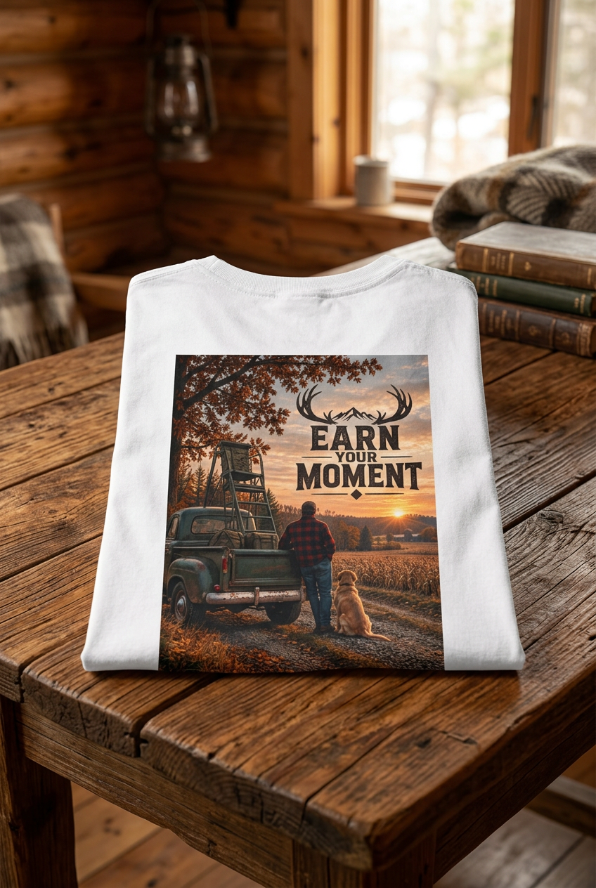 A white short-sleeve crewneck t-shirt with a large rectangular graphic print on the front. The graphic depicts a rural autumn scene with a man standing next to a pickup truck on a dirt road, with a dog and the text 'EARN YOUR MOMENT' with antlers above.