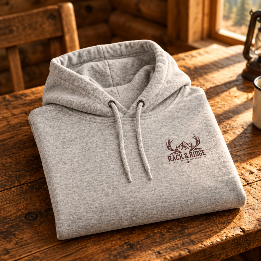 Gray hoodie with a small logo on the chest against a white background