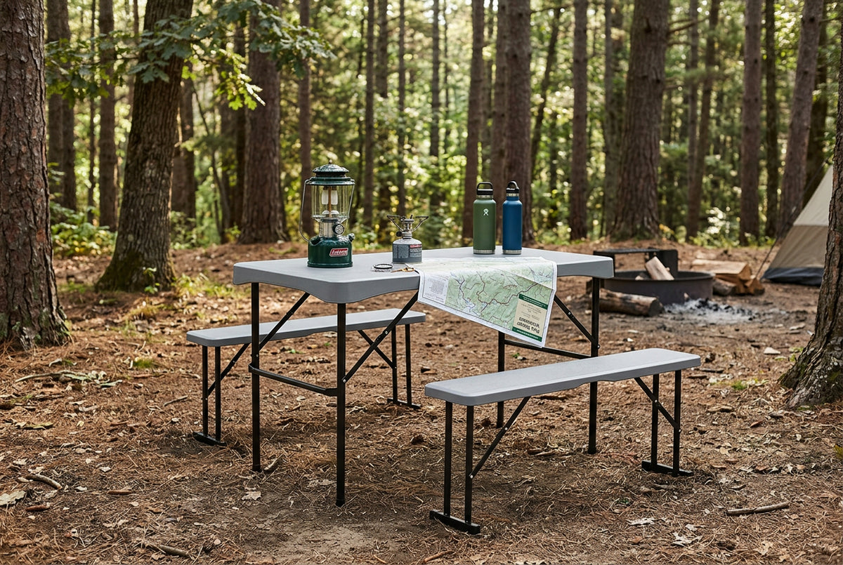 A gray folding picnic table set with two matching benches, shown on a clean white background. The table and benches have gray plastic seats with black metal legs and support beams.