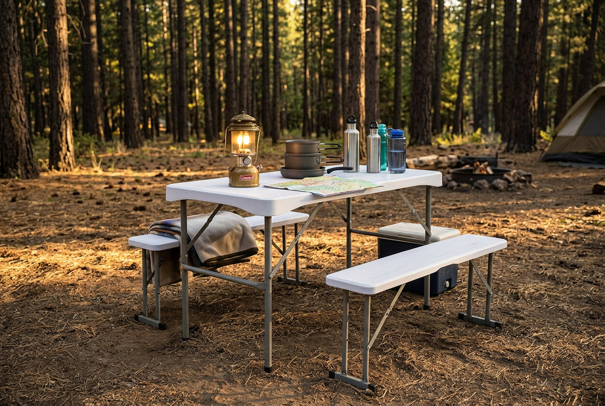 White folding table with two benches