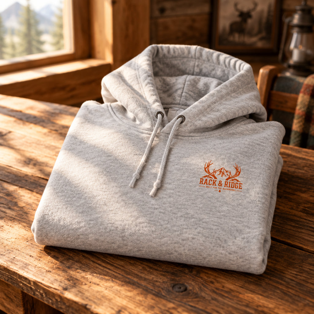 A light heather gray pullover hoodie with a small orange graphic 