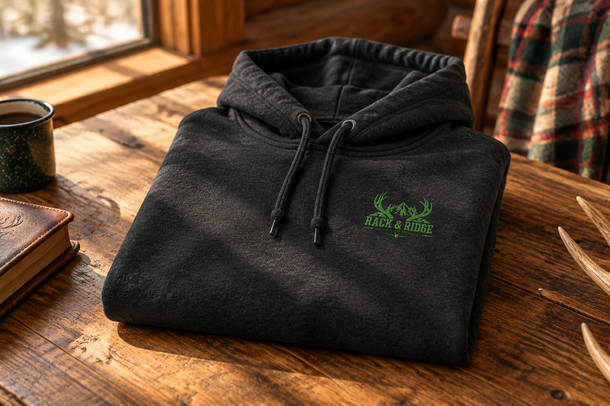 A black pullover hoodie with a small green embroidered chest graphic 