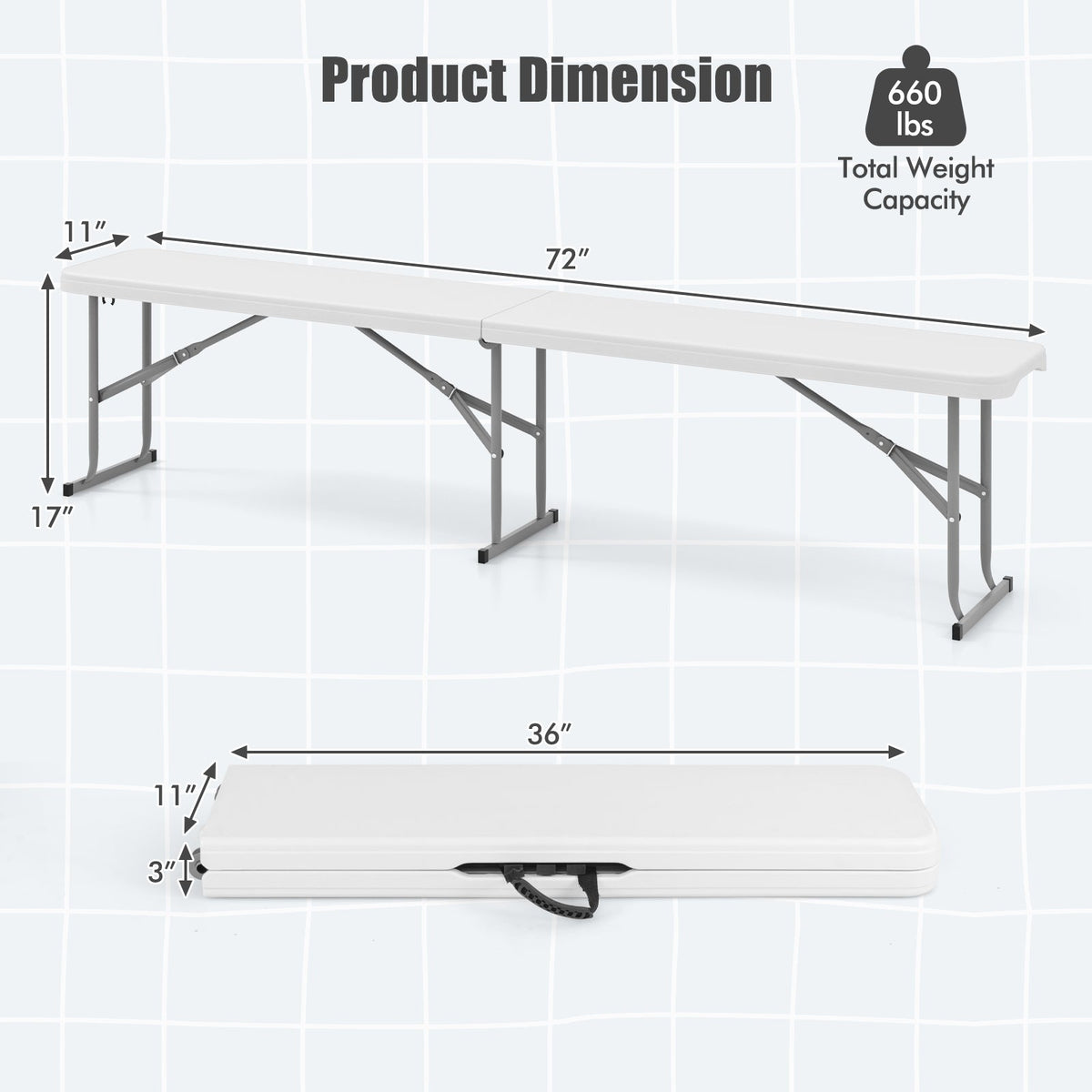 6-Foot White Folding Bench | Seats 3, Carry Handle
