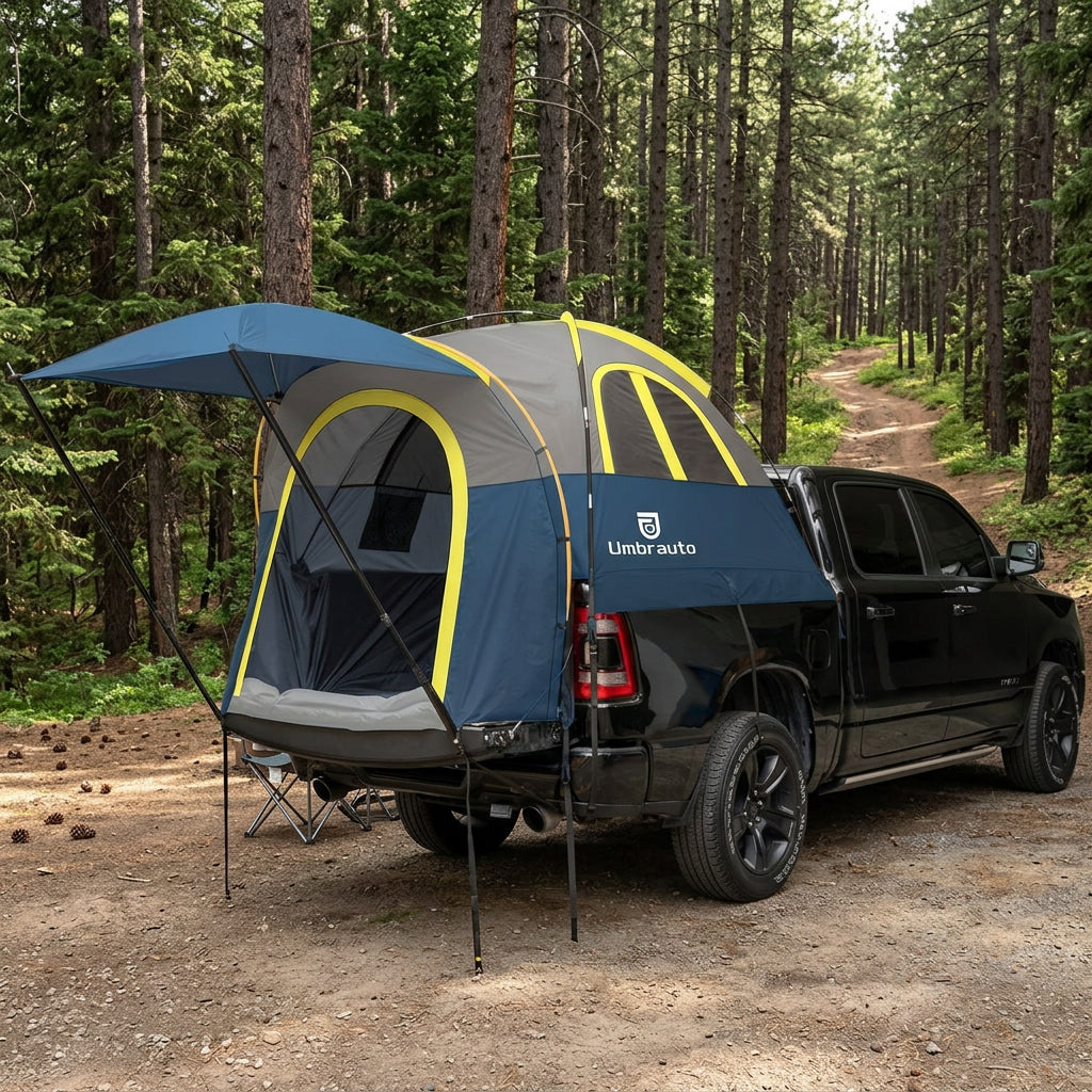 Blue and gray truck tent with yellow accents on a black truck, including a carrying bag, on a white background.