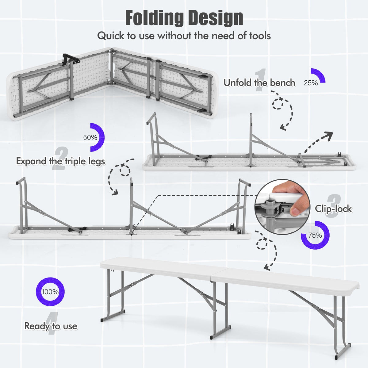 6-Foot White Folding Bench | Seats 3, Carry Handle