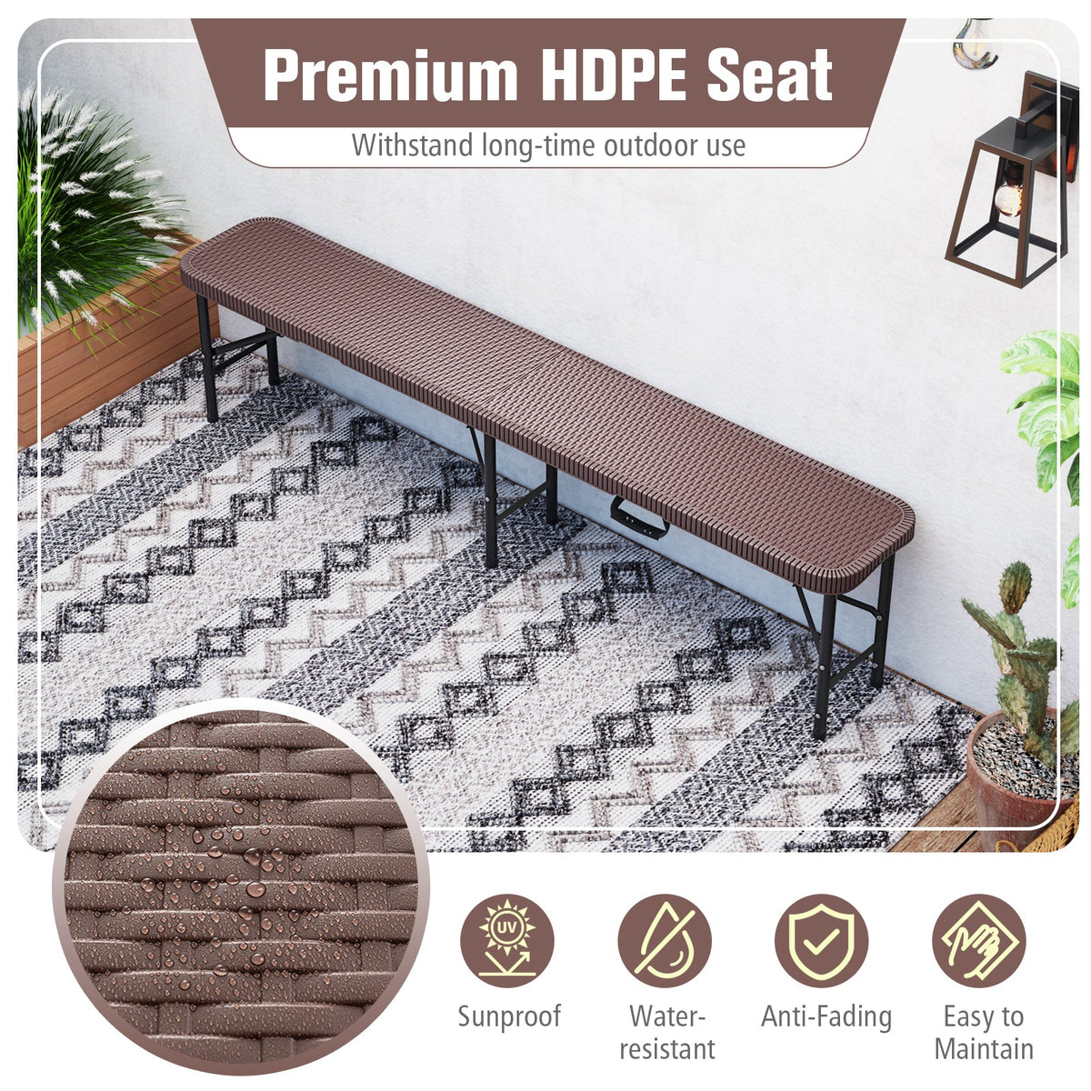 6-Foot Folding Bench | Brown HDPE, Seats Up to 4