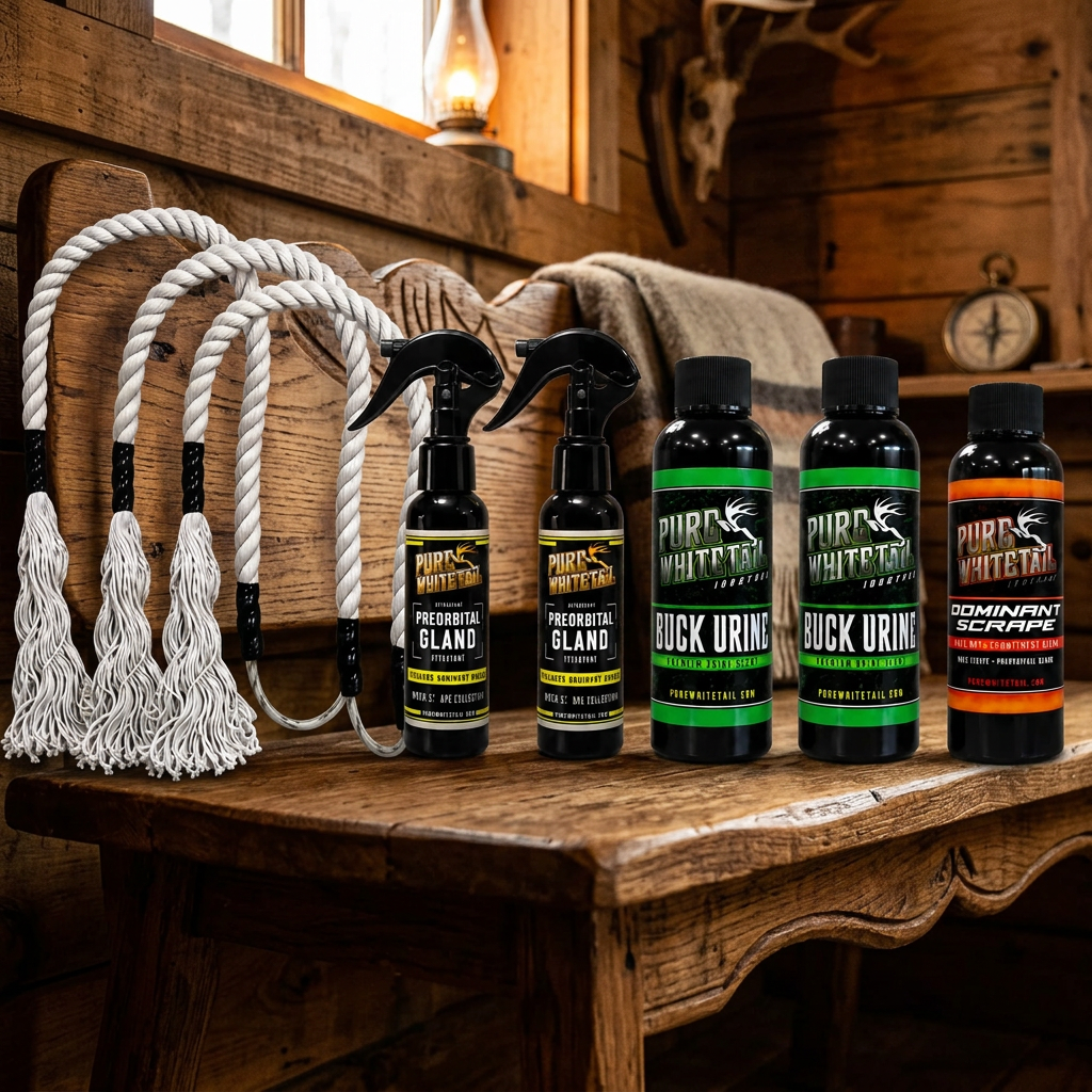 A product lineup for a deer hunting scent kit by Pure Whitetail, featuring three white rope scapes, two bottles of Preorbital Gland spray, two bottles of Buck Urine, and one bottle of Dominant Scrape, with quantity counts displayed 