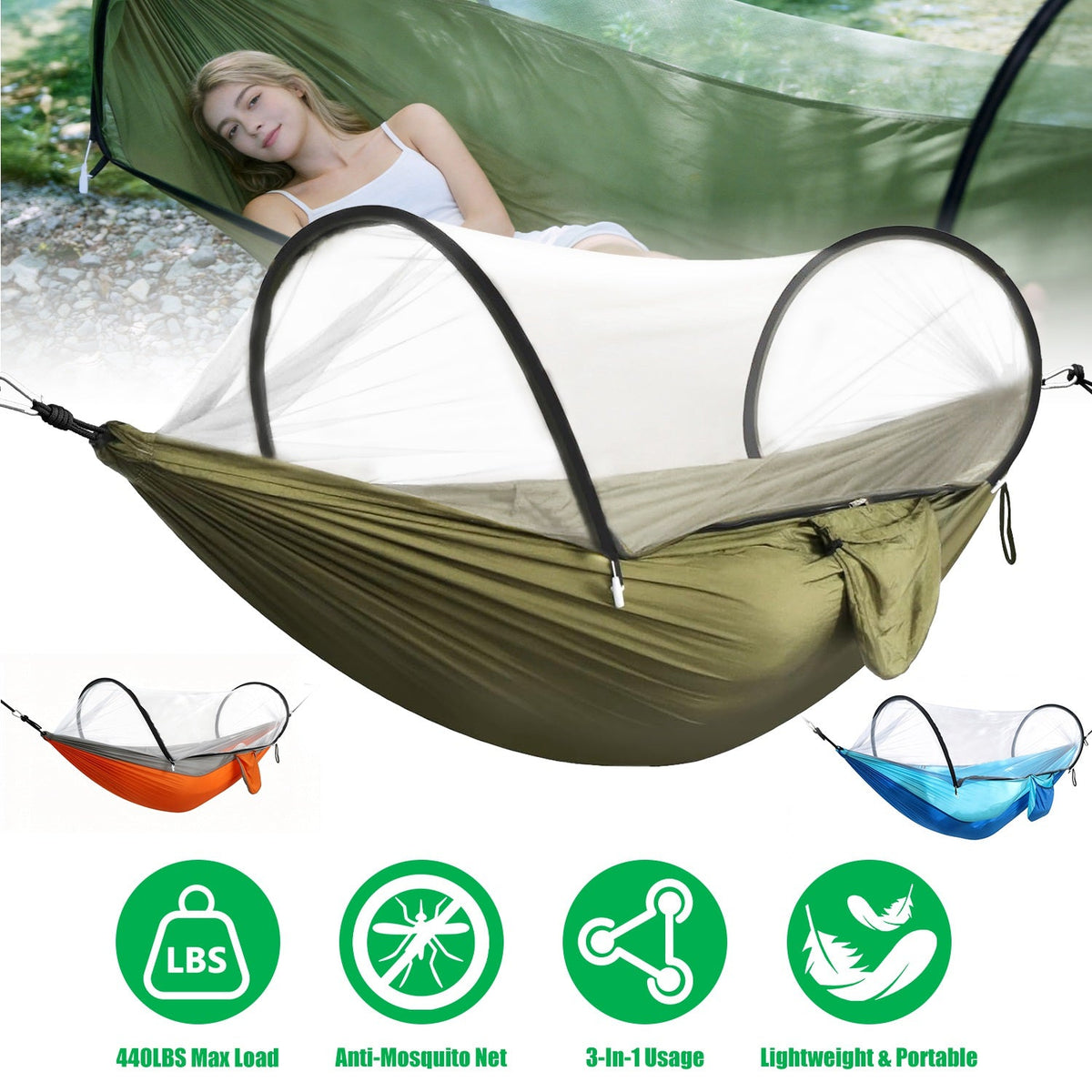 3-in-1 Camping Hammock with Mosquito Net | 440-lb Capacity