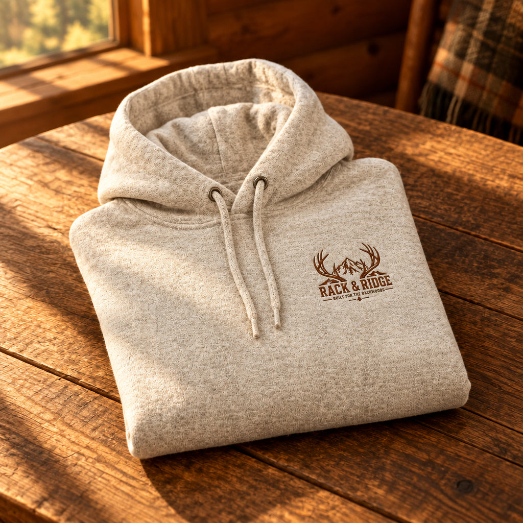 A light heather gray pullover hoodie with a small brown chest graphic featuring antlers 