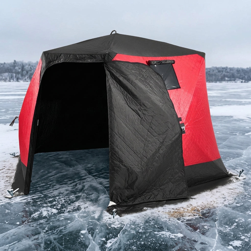 A red and black pop-up ice fishing tent with a large open front door and a smaller side window, shown on a plain white background.