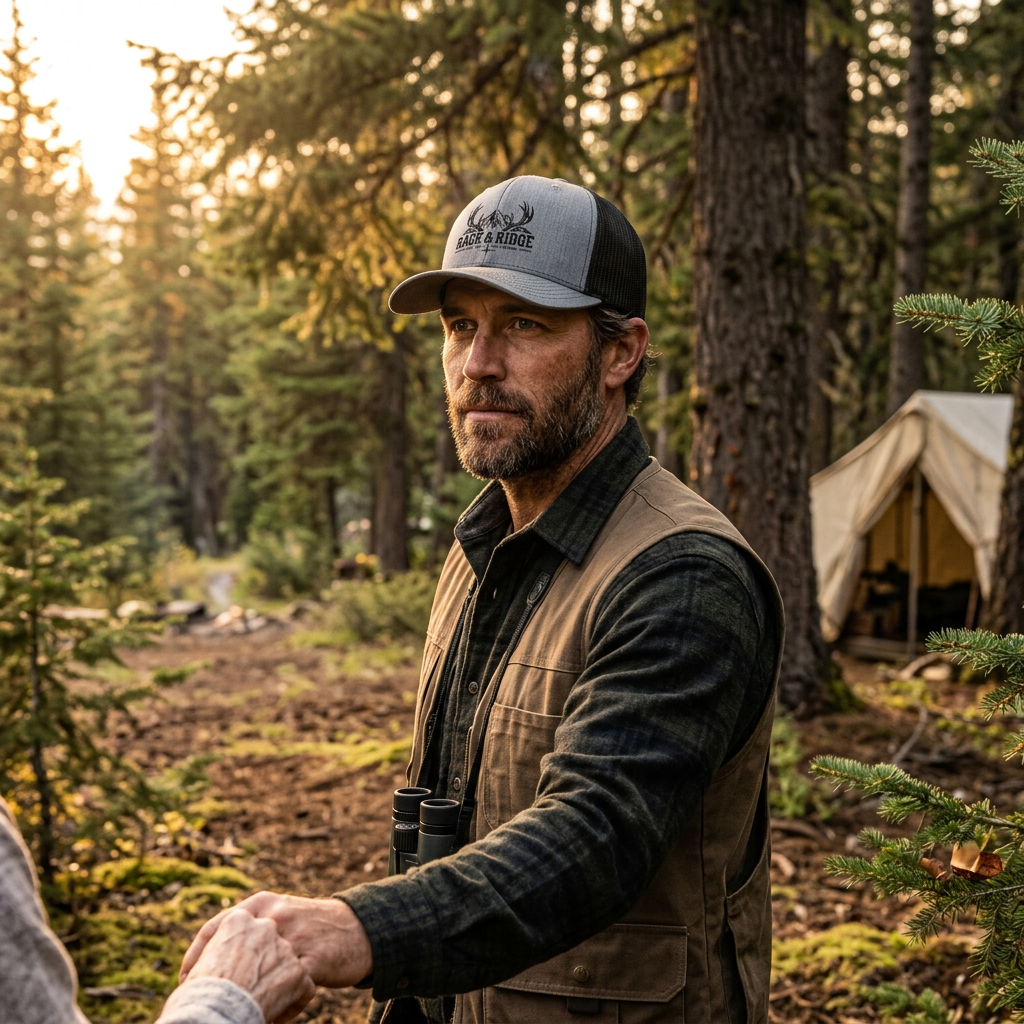 Six Rack & Ridge trucker hats in assorted colors are arranged on rustic logs with outdoor-themed props, including a branded wooden sign, a lantern, trees, and a black insulated tumbler. The hats feature black mesh back panels and a black embroidered antler logo with the text 'RACK & RIDGE' and 'BUILT FOR THE BACKWOODS.