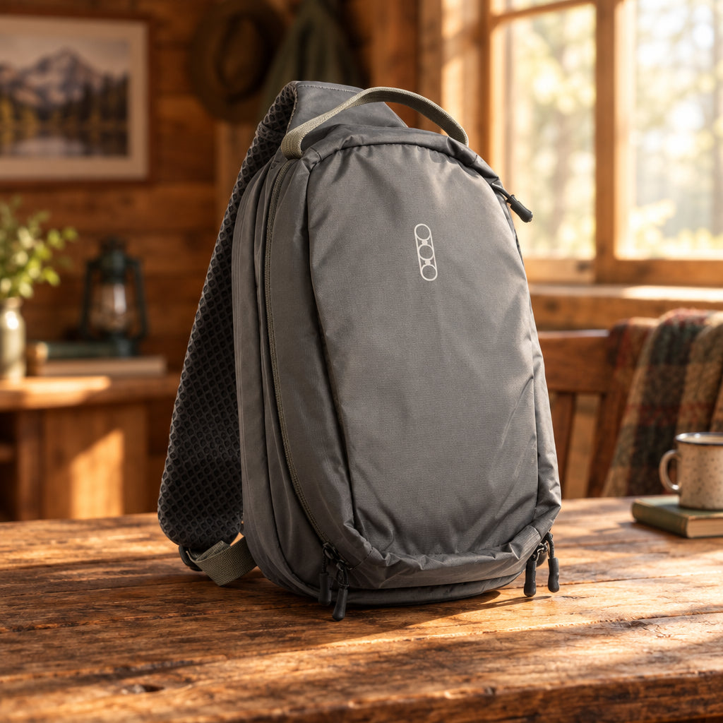 Gray backpack with a brand logo on a white background