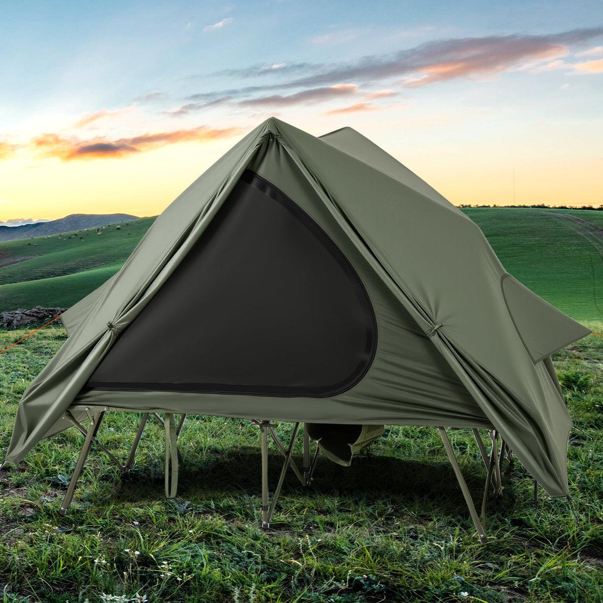 2-Person Camping Cot Tent with Rainfly & Wheeled Carry Bag – Green