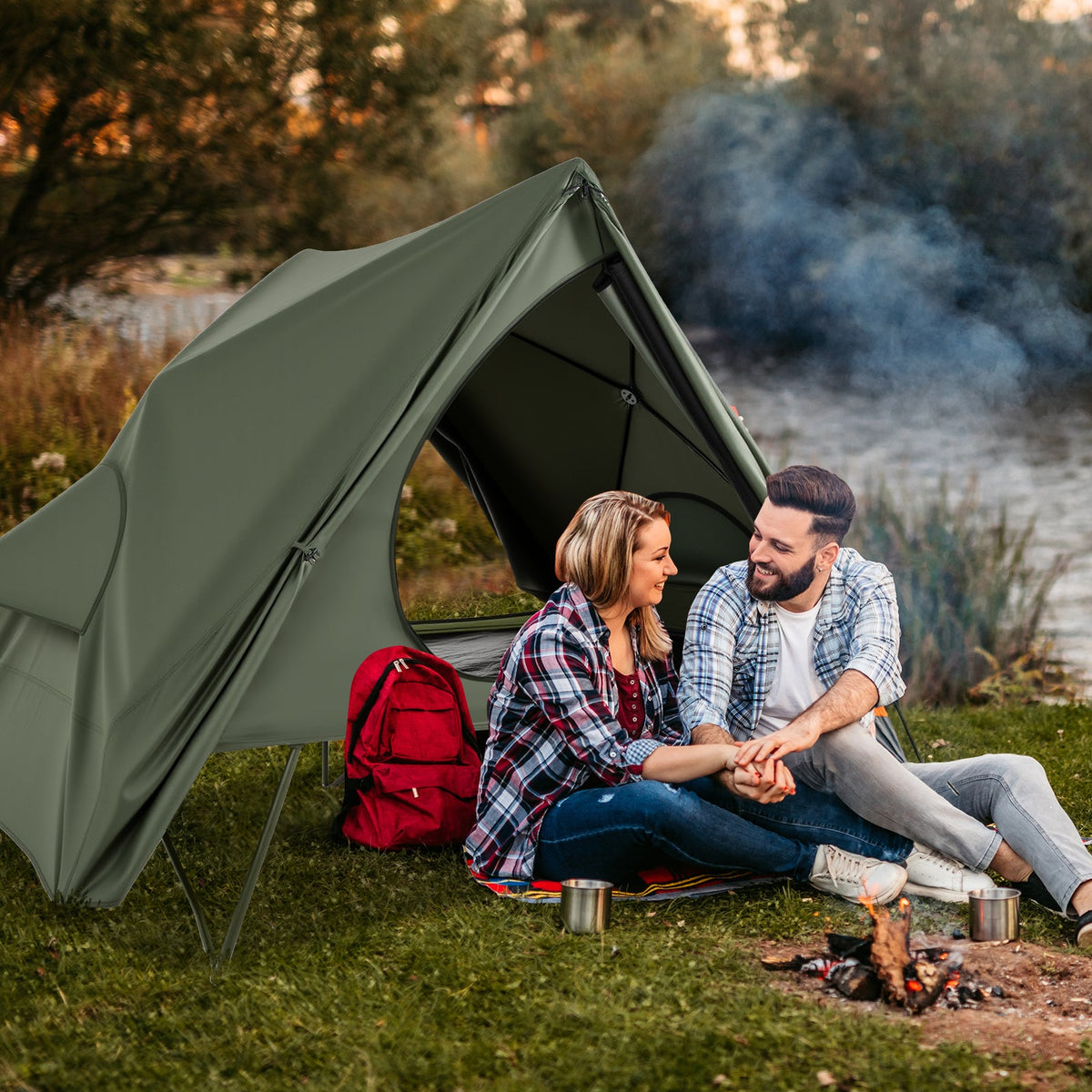 2-Person Camping Cot Tent with Rainfly & Wheeled Carry Bag – Green