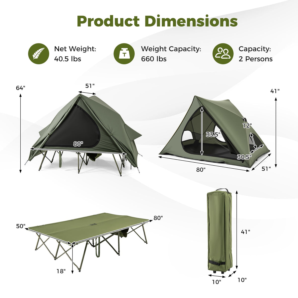 2-Person Camping Cot Tent with Rainfly & Wheeled Carry Bag – Green