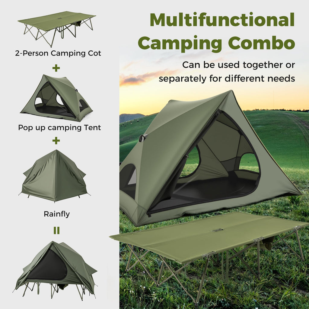 2-Person Camping Cot Tent with Rainfly & Wheeled Carry Bag – Green