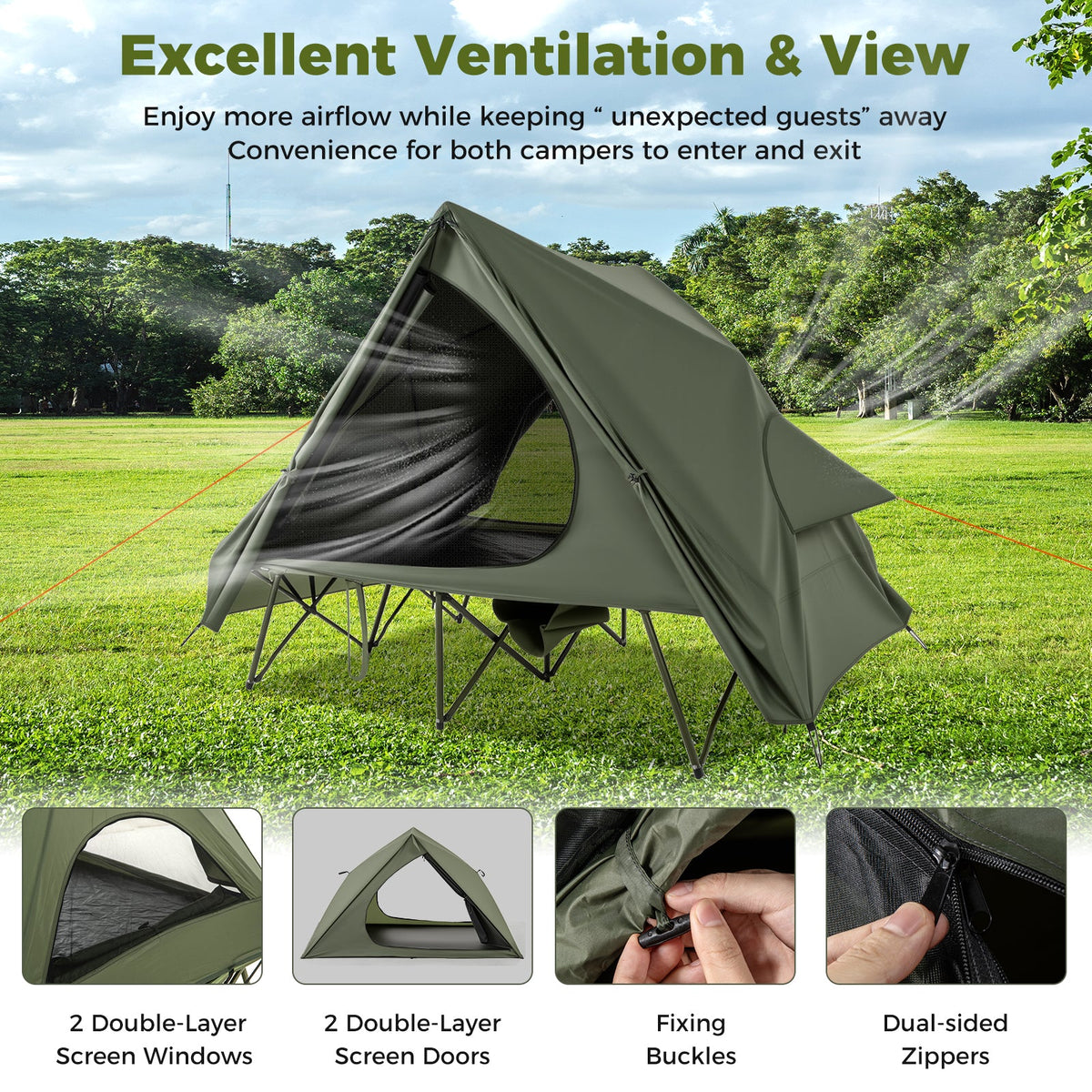 2-Person Camping Cot Tent with Rainfly & Wheeled Carry Bag – Green