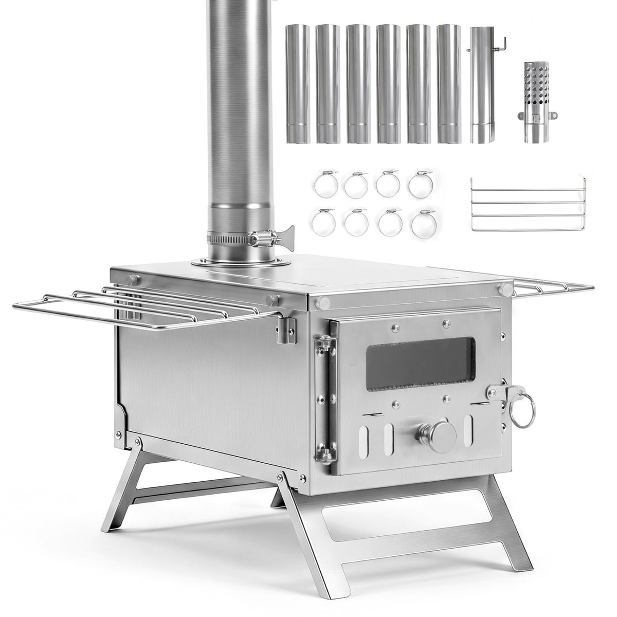 Portable Wood-Burning Tent Stove | 7-Piece Chimney & Cooking Top
