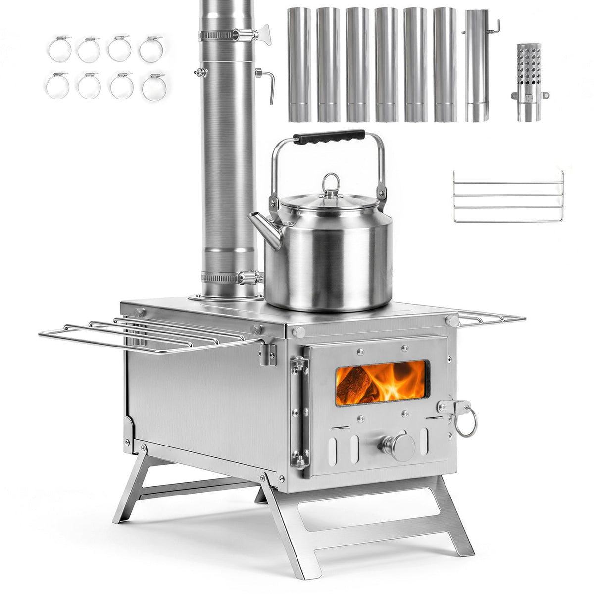 Portable Wood-Burning Tent Stove | 7-Piece Chimney & Cooking Top